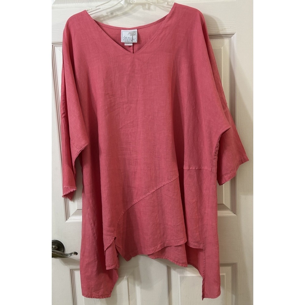 La Fixsun 100% Linen V-Neck Asym Oversize Tunic USA Boho Lagenlook LG Shrimp EUC